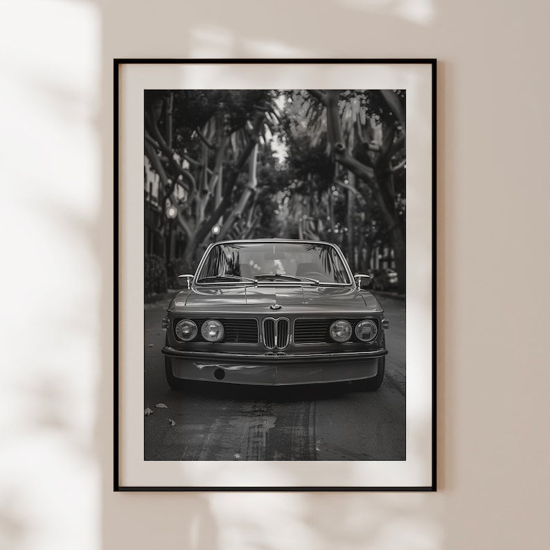 Puede incluir: Una fotograf&iacute;a en blanco y negro de un coche BMW cl&aacute;sico conduciendo por una calle bordeada de &aacute;rboles. El coche est&aacute; enfocado, mientras que los &aacute;rboles y la carretera est&aacute;n desenfocados en el fondo.