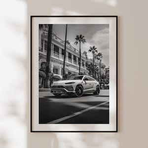Poster Lamborghini Urus Monaco, stampa Lamborghini in bianco e nero, arte murale Lamborghini, poster di lusso di un tempo
