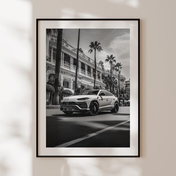 Affiche Lamborghini Urus Monaco, impression Lamborghini noir et blanc, art mural Lamborghini, affiche luxe old money