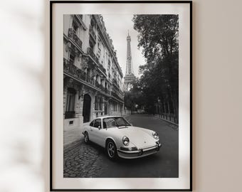Porsche Parijs poster, Vintage zwart-wit fotografie, Eiffeltoren poster, Mode en luxe decoratie, Vintage auto poster