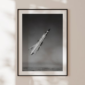 Manifesto di aerei d'epoca, stampa d'epoca in bianco e nero di un aereo Saab J35J, manifesto di un aereo, regalo per aviatori, fotografia di aerei da caccia