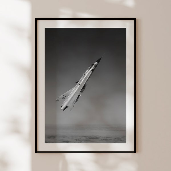 Vintage aircraft poster, vintage black and white Saab J35J airplane print, airplane poster, aviator gift, fighter jet photography