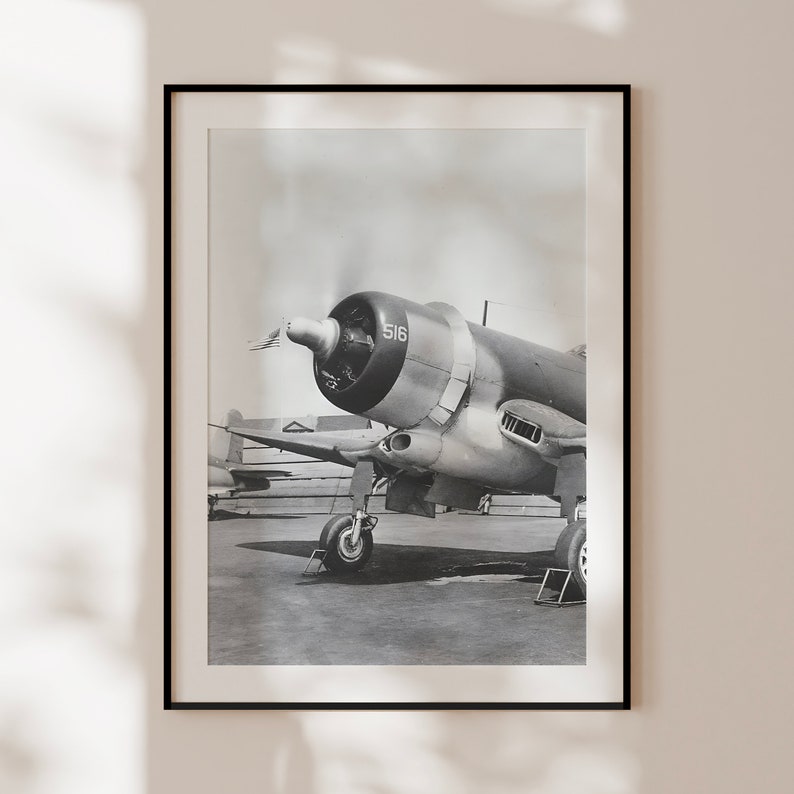 Vintage aircraft poster, vintage black and white Corsair print, airplane poster, aviator gift, vintage aircraft photography image 1