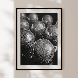 Poster da discoteca retrò, stampa retrò in bianco e nero, arte da parete anni '70, foto funk con palla da discoteca, decorazione retrò e vintage, poster per feste