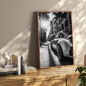 May include: Black and white photograph of a classic silver sports car driving down a street lined with palm trees. The car is in focus, while the background is blurred.