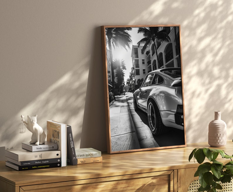 May include: Black and white photograph of a classic silver sports car driving down a street lined with palm trees. The car is in focus, while the background is blurred.