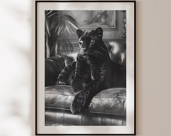 Black Panther Poster, Black and White Panther Print, Jungle Animal Wall Art, Panther Photography, Glamorous Fashion Decor