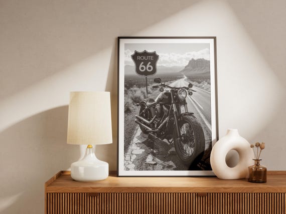 Route 66 Poster, Black and White Route 66 Print, Harley Davidson