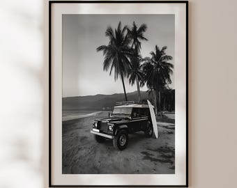 Land Rover Surf Poster, Black and White Surf Photography, Vintage Beach Print, Exotic Surf Wall Art, Black and White Surf Decor
