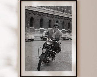 Jean-Paul Belmondo retro motorcycle poster, black and white print, vintage film "Le Marginal", cinema photo, retro decor, photo