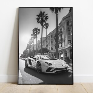 May include: A black and white photograph of a white Lamborghini sports car driving down a street lined with palm trees and buildings. The car is in focus, while the background is slightly blurred.