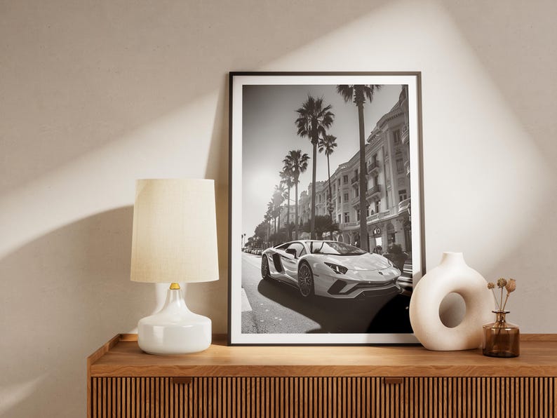 Lamborghini Aventador Monaco Poster, Black and White Lamborghini Print, Lamborghini Wall Art, Luxury Old Money Poster image 2