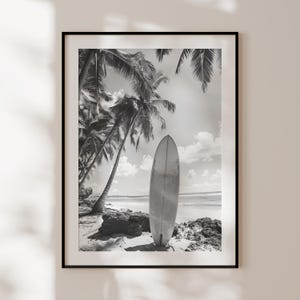 Poster retrò di surf di Bali, stampa vintage in bianco e nero con palme e surf, decorazione da surf, fotografia di surf, regalo originale per surfisti