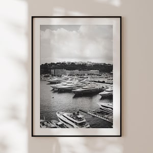 Poster Monaco Yachts, poster vintage in bianco e nero, arte murale di vecchi soldi, fotografia di Monaco, decorazione elegante, poster di vecchi soldi