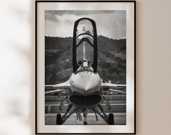 F16 aircraft poster, vintage black and white fighter jet print, airplane poster, aviator gift, US Air Force aircraft photo