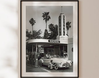 Vintage gas station poster, retro black and white print, classic car wall art, retro gas station, retro decoration.