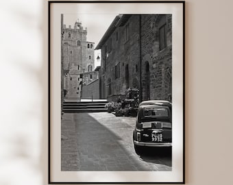 Fiat 500 Poster, vintage black and white Fiat 500 Italy print, classic car wall art, old Fiat 500, car enthusiast gift