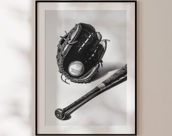 Retro Baseball Poster, Black and White Baseball Print, Vintage Sports Art, Retro Baseball Wall Art, Gift Baseball players