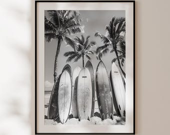 Retro Surf Poster, Vintage Surf & Palm Trees Black and White Print, Surf Wall Art, Original Surf Photography, Beach House Decor