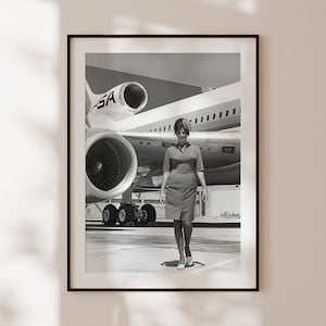 Poster retrò per hostess, stampa vintage in bianco e nero, decorazione murale per aerei, fotografia d'epoca, regalo per hostess