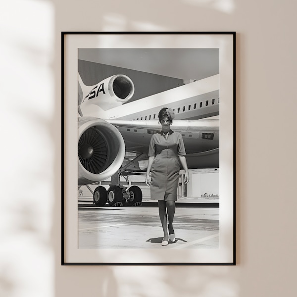 Affiche rétro hôtesse de l'air, impression vintage noir et blanc, art mural avions, photographie vintage, cadeau hôtesse de l'air steward
