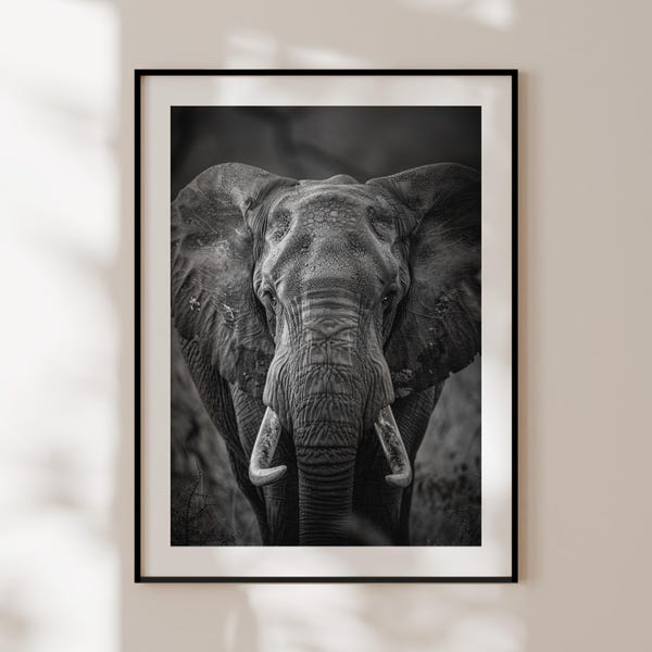 Póster de elefante, impresión de elefante en blanco y negro, arte mural de animales de la selva, fotografía de elefantes, decoración exótica para el hogar