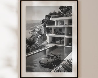May include: A black and white photograph of a modern house with a swimming pool. A red sports car is parked in the pool.