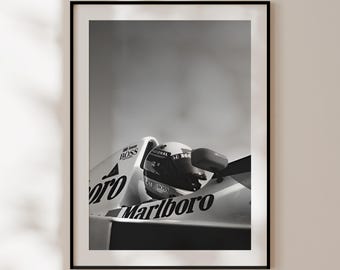 Formula 1 Poster, black and white Formula 1 print, motorsport wall art, F1 photography, Marlboro F1 poster, Ayrton Senna poster