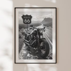 Affiche Route 66, Impression Route 66 noir et blanc, Photographie Harley Davidson, Décoration roadtrip Américain, Cadeau biker Harley