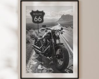 Route 66 Poster, Black and White Route 66 Print, Harley Davidson Photography, American Roadtrip Decor, Harley Davidson print