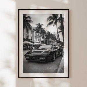Retro Ferrari Poster, schwarz-weißer Vintage Ferrari Druck, Oldtimer Wandkunst, alter Ferrari, Ferrari Miami
