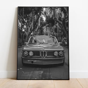 Puede incluir: Una fotograf&iacute;a en blanco y negro de un coche BMW cl&aacute;sico conduciendo por una calle bordeada de &aacute;rboles.