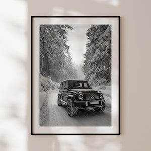 Póster de Mercedes Clase G, impresión vintage de Mercedes en blanco y negro, arte mural de coches de lujo, póster de moda, decoración de dinero antiguo