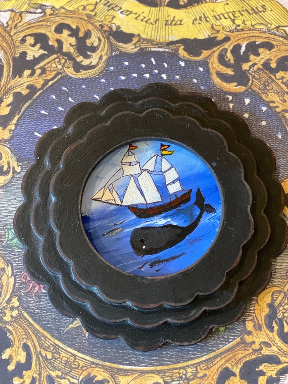 Whale Ship Folk Art Painting, Teena Flanner Vintage Wood Frame 5” Round