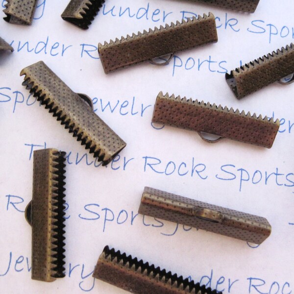 60, RIBBON ENDS, antique, bronze, pinch, CRIMPS, fasteners, clasps, webbing crimps, leather ends, connectors