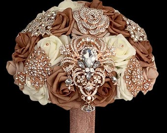 Rhinestone Brooch Wedding Bouquet | Glam Bridal Bouquet, Rose Gold Handle