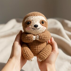 May include: A handmade crochet sloth toy in shades of brown and cream. The sloth has a smiling face with black eyes, a black nose, and pink cheeks. The toy is soft and cuddly, perfect for a child's room or as a decorative item.