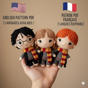 Harry Potter-inspirerat trollkarltrio-amigurumimönster PDF – 15 cm virkad dockset – Digital nedladdning