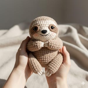 Puede incluir: Una muñeca de perezoso hecha a mano con ganchillo en tonos beige y marrón. El perezoso tiene una cara sonriente con ojos negros, una nariz negra y mejillas sonrosadas. Los brazos y las piernas del perezoso están doblados y tiene garras blancas. La muñeca se sostiene con dos manos.