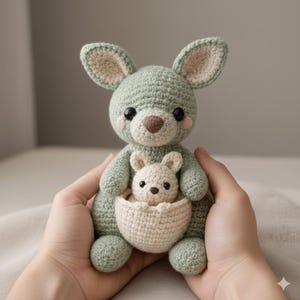 May include: A handmade crochet kangaroo and joey plush toy. The larger kangaroo is sage green with a cream-colored belly pouch, ears, and accents. The joey is cream-colored and nestled in the pouch. The kangaroo has black eyes and pink cheeks.