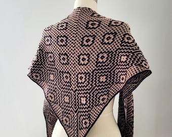 Hand Knit Mosaic Shawl: Wool Blend, 84" Wingspan