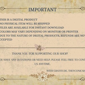May include: A beige digital product notice with a decorative border. The text reads "IMPORTANT" at the top, followed by bullet points about digital products, instant downloads, and color variations. The bottom includes a thank you message and contact information.