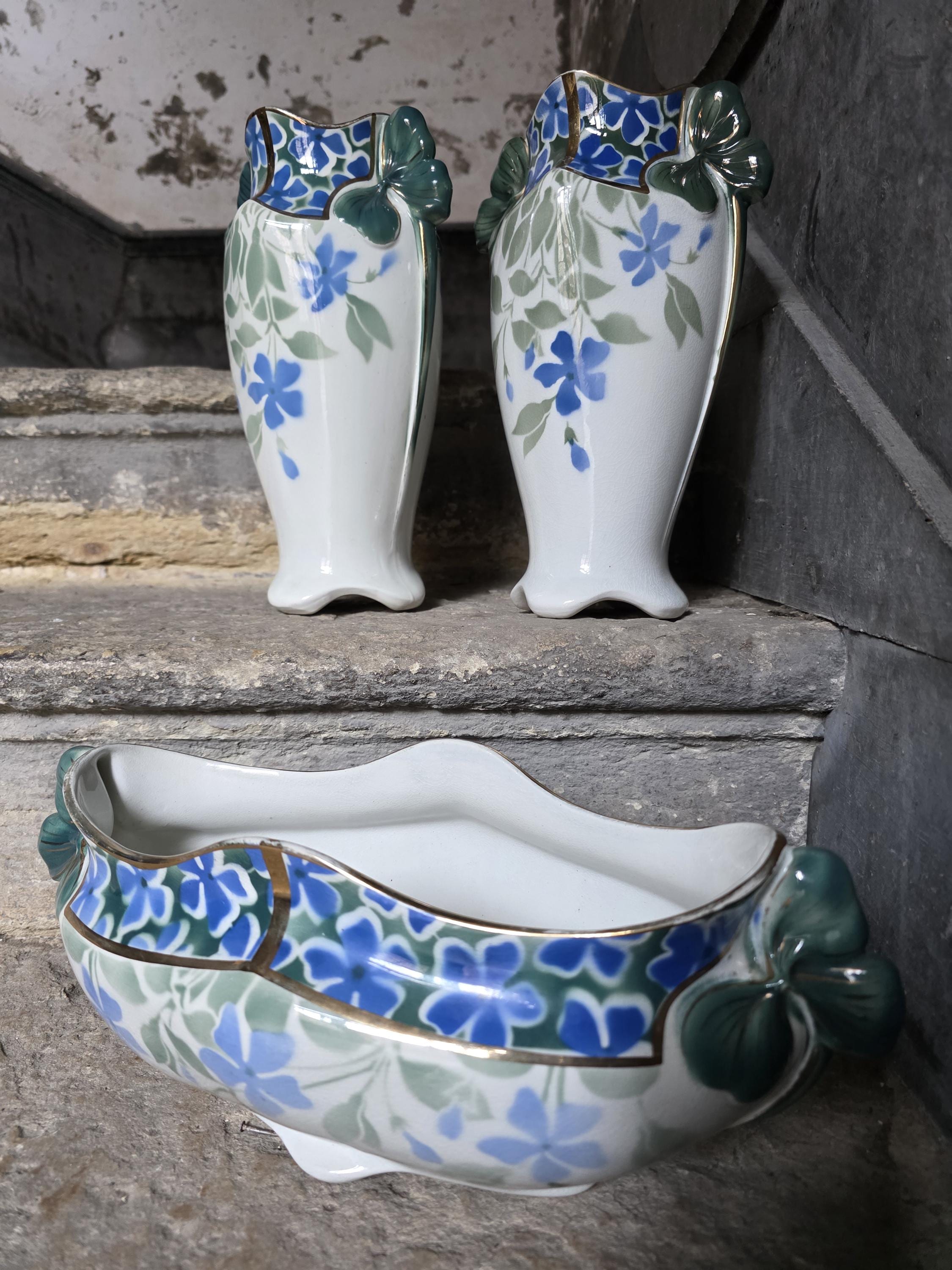 Jardinière Ancienne En Faïence Decor - Forme Ovale, Décor Bleu, état D'occasion
