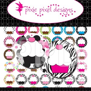 May include: A set of 24 cupcake themed round stickers with various designs, including polka dots, zebra stripes, and solid colors. The stickers feature pink, black, white, and brown colors. The text "Cutie" appears on three of the stickers.