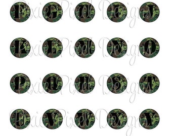 INSTANT DOWNLOAD - Boyish Camo Alphabet Collage 3/4 inch or 1 inch Bottle Cap Disc-Its Scrapbooking Boutique Digital Collage Art Sheet