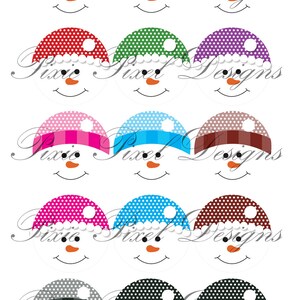 May include: Set of 15 printable snowman cupcake toppers. Each topper features a different color and pattern hat. The toppers are perfect for winter-themed parties and celebrations.