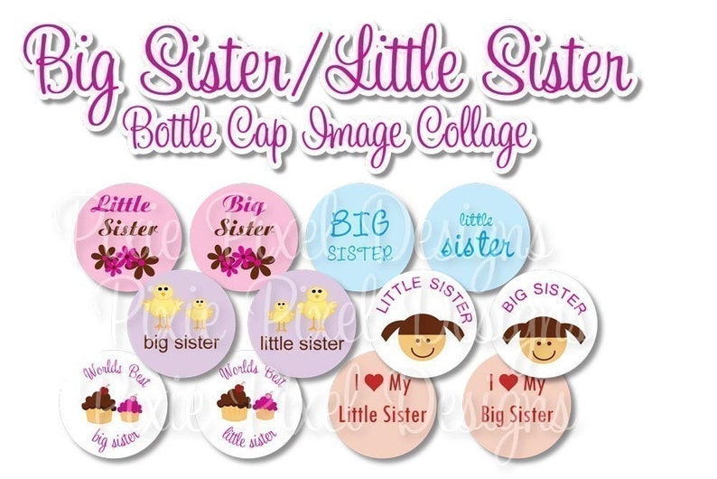 Big Sister/Little Sister Bottlecap Images Bottle Cap Disc-Its Scrapbooking Boutique Digital Collage Art Sheet image 1