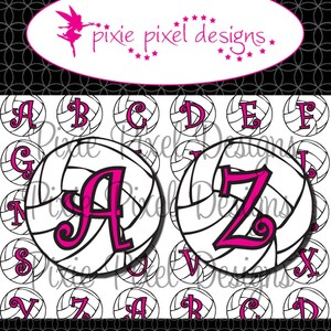 May include: Two white volleyball-themed circles with pink letters, A and Z, on a white background with smaller volleyball circles. The text "Pixie Pixel Designs" is at the top of the image.