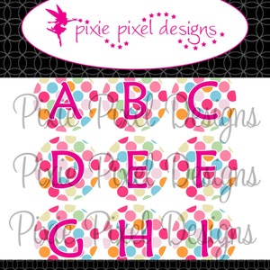 May include: Nine colorful circles with polka dots and the letters A through I in pink. The circles are arranged in three rows of three. The text "pixie pixel designs" is at the top of the image.
