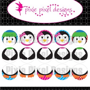 May include: Set of 12 penguin cupcake toppers. The toppers feature penguins with different colored hats, scarves, and bow ties. The penguins are wearing black and white tuxedo-style outfits. The toppers are perfect for a winter or holiday themed party.